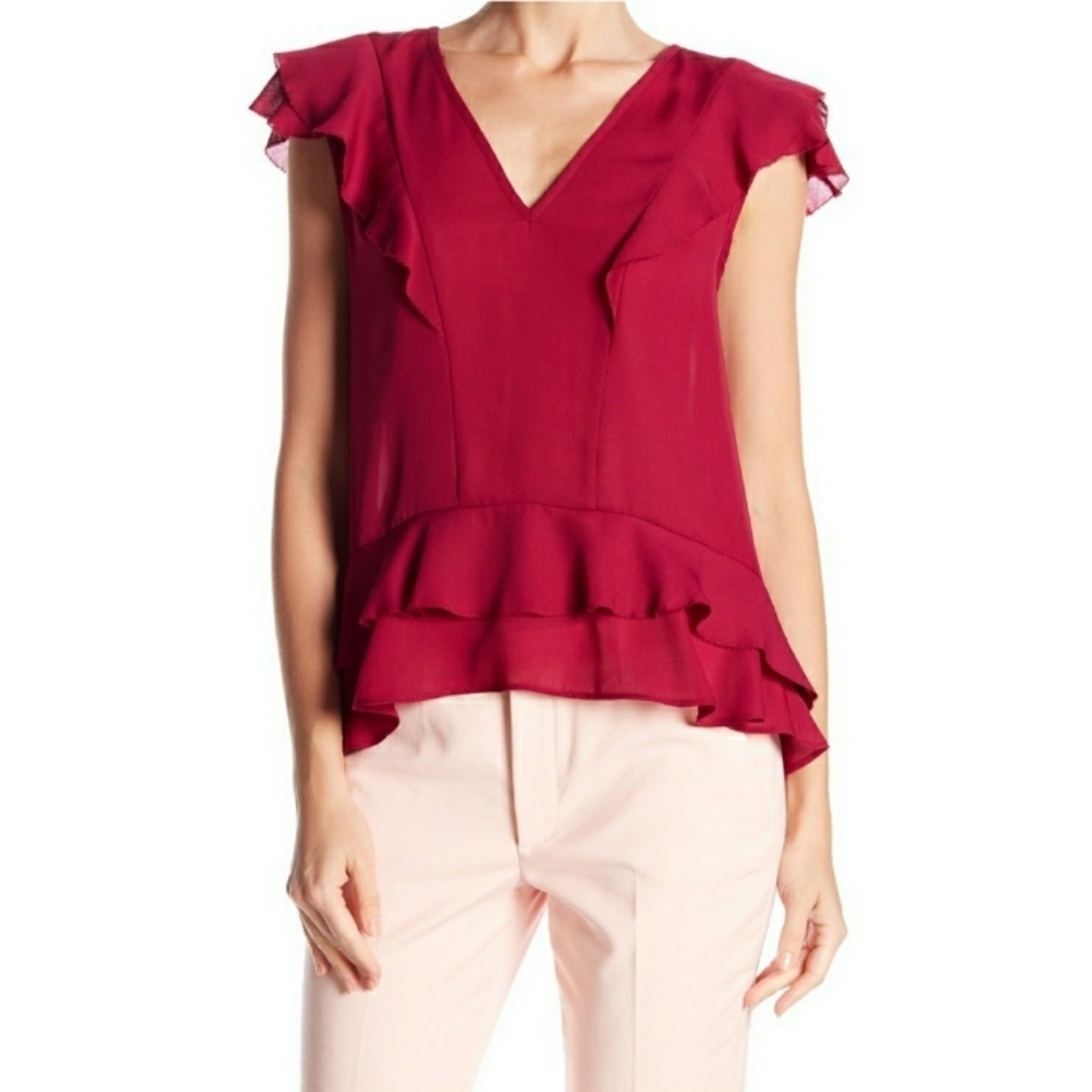 Parker Women's V Neck Short Sleeve Ruffle Blouse in Beetroot SZ XS